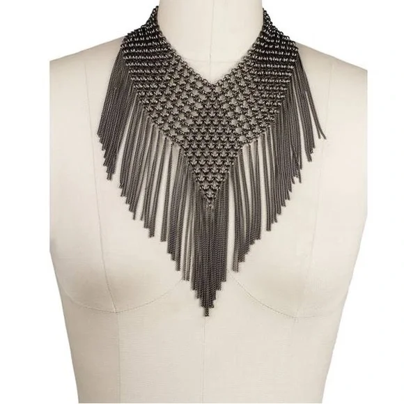 New Maximalist Chainmail Style Fringe Bib Statement Necklace - Picture 4 of 16